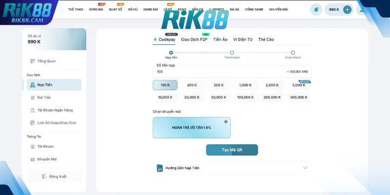 Hướng dẫn nạp tiền vào tài khoản đặt cược tại nhà cái RIK88